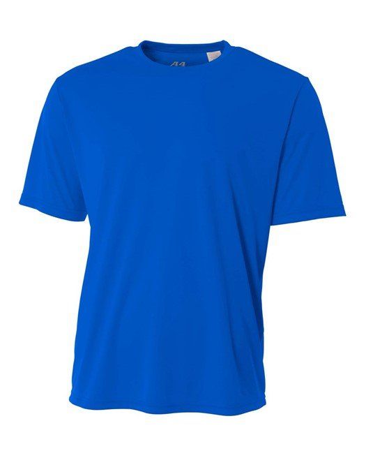Blue short-sleeved t-shirt.