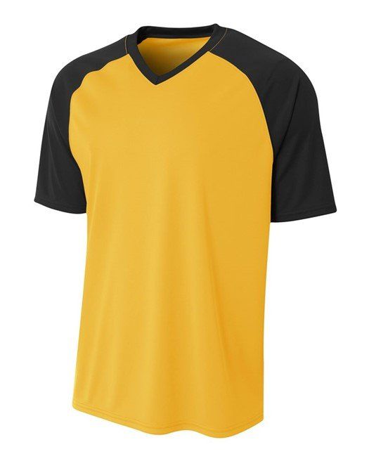 Yellow and black raglan-sleeve V-neck t-shirt.