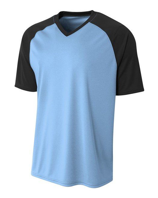 Blue and black raglan-sleeve V-neck athletic shirt.