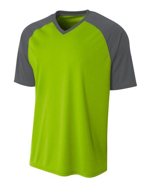 Green v-neck t-shirt with grey raglan sleeves.