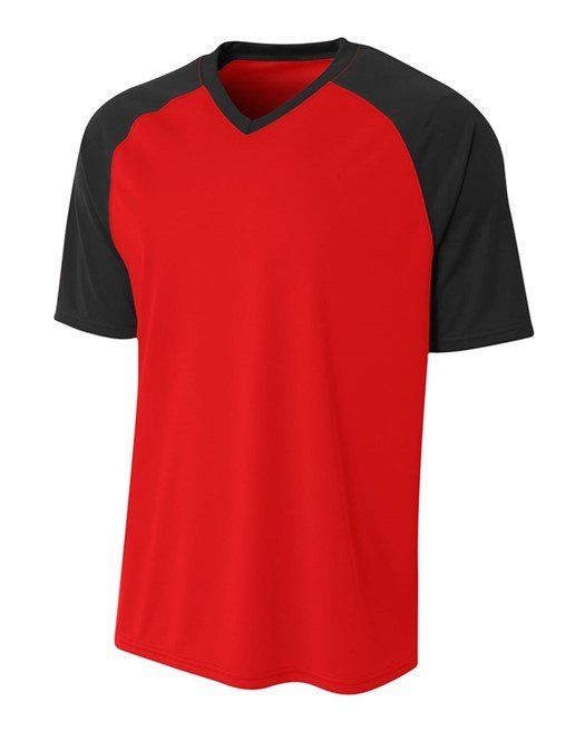 Red and black raglan-sleeve V-neck t-shirt.