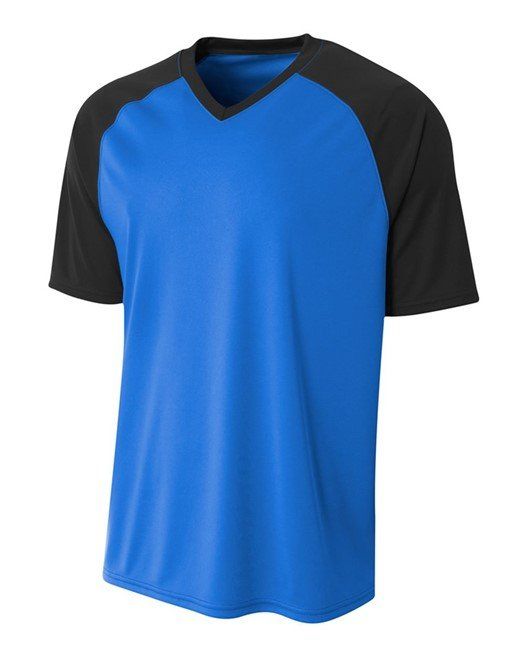 Blue and black short-sleeved V-neck shirt.