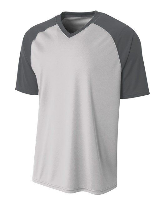 Gray and white short-sleeved V-neck shirt; dark gray sleeves and neckline, light gray body.