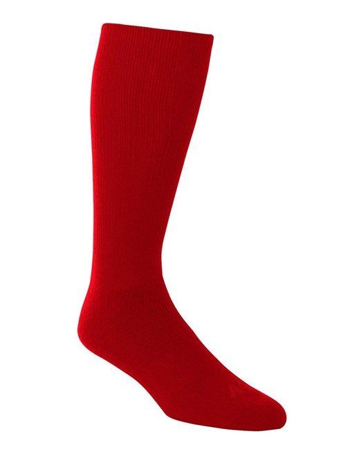 Red knee-high athletic sock, likely for sports.