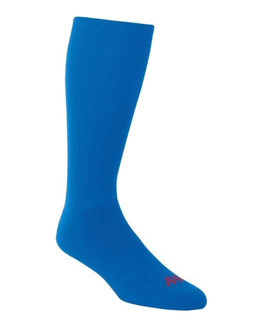 Blue athletic knee-high sock with red logo on the toe.