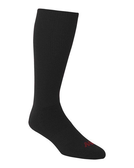 Black knee-high sock, ribbed texture, red logo on the toe.