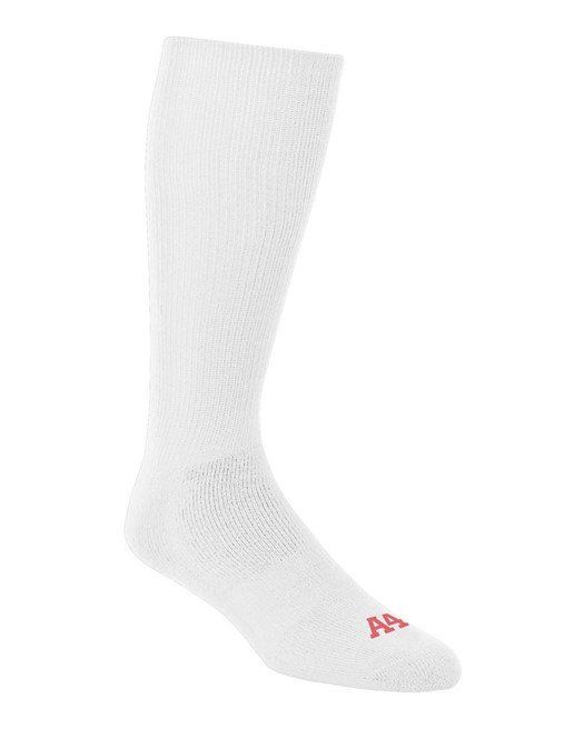 White, knee-high athletic sock. Red 