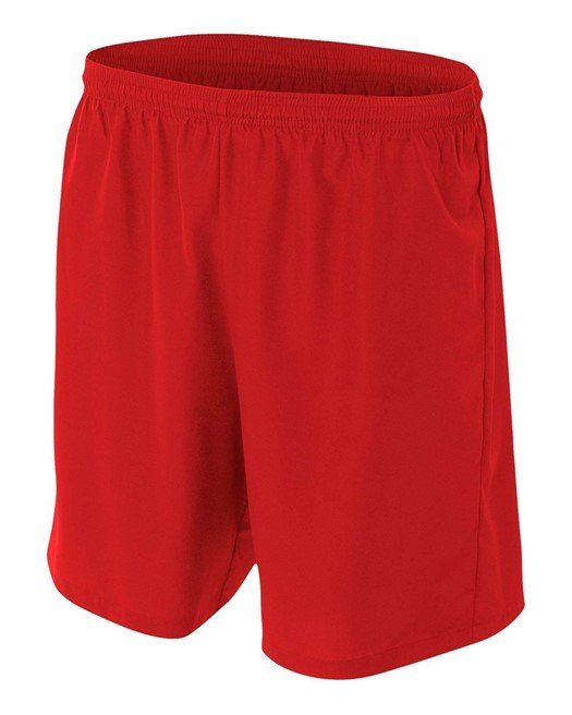 Red athletic shorts with elastic waistband.
