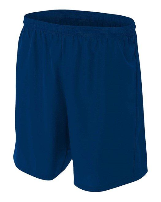 Navy blue athletic shorts with elastic waistband.