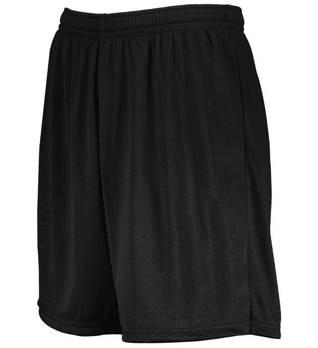 Black mesh athletic shorts with elastic waistband.