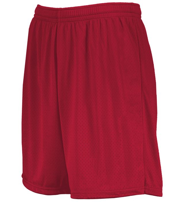 Red mesh athletic shorts with elastic waistband.