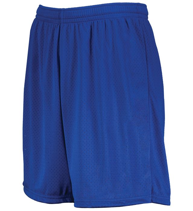 Blue mesh athletic shorts with an elastic waistband.