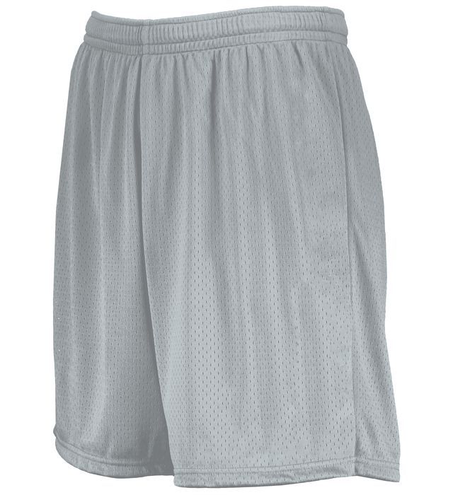 Gray mesh athletic shorts with elastic waistband.