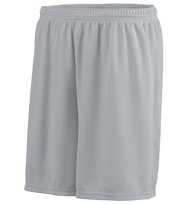 Gray athletic shorts with elastic waistband.