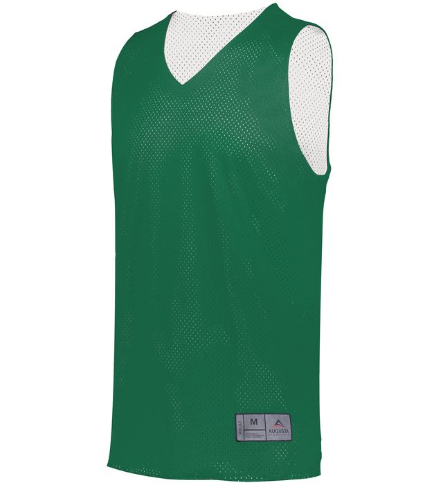 Green and white reversible mesh basketball jersey with a v-neck.