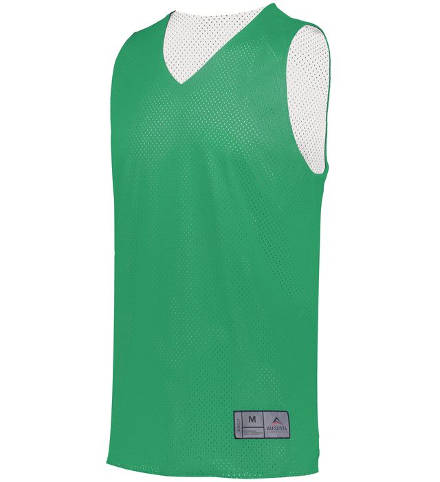 Green and white reversible mesh basketball jersey with a v-neck.