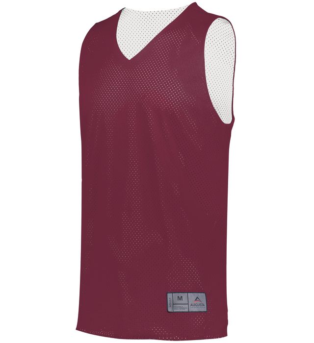 Maroon and white reversible basketball jersey. V-neck, sleeveless, mesh fabric.