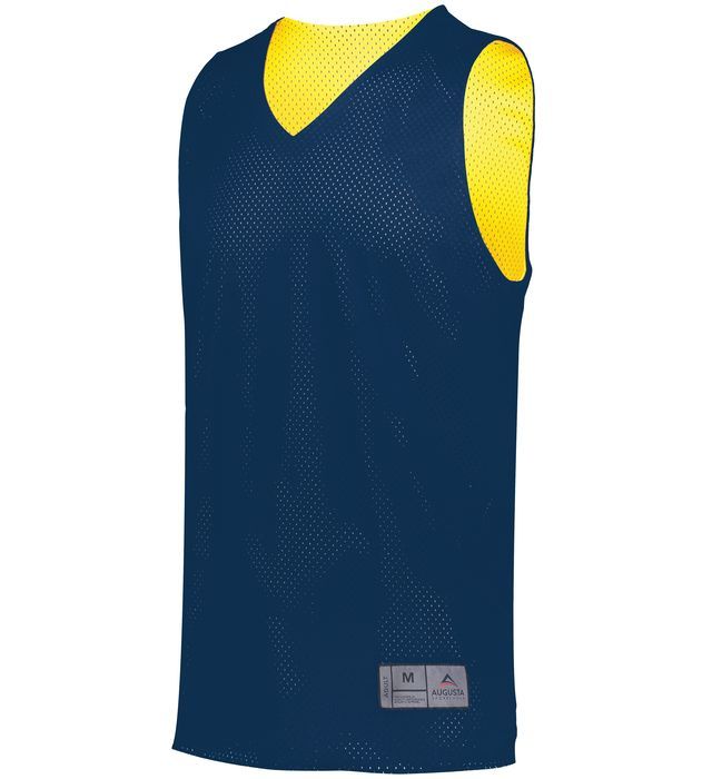 Navy blue and yellow reversible mesh athletic jersey with a V-neck.