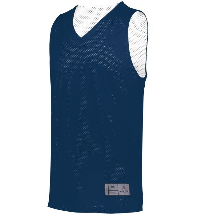 Navy blue and white reversible basketball jersey with a v-neck.