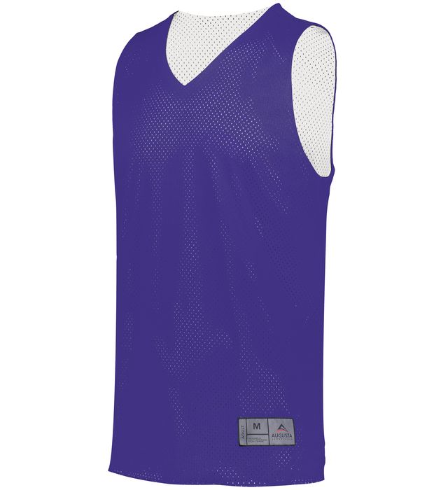 Purple and white reversible mesh jersey with a V-neck.