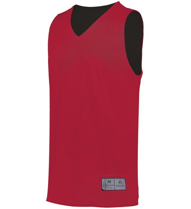 Red and black reversible basketball jersey with a v-neck.