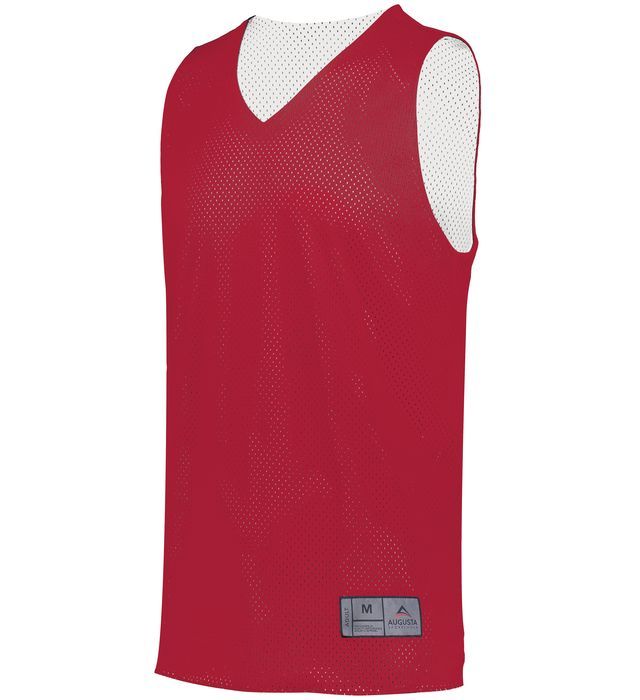 Red and white reversible mesh jersey with a V-neck, suitable for athletic activities.