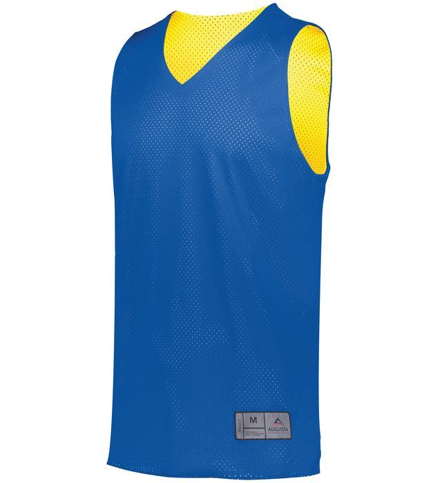Blue and yellow reversible mesh athletic jersey.