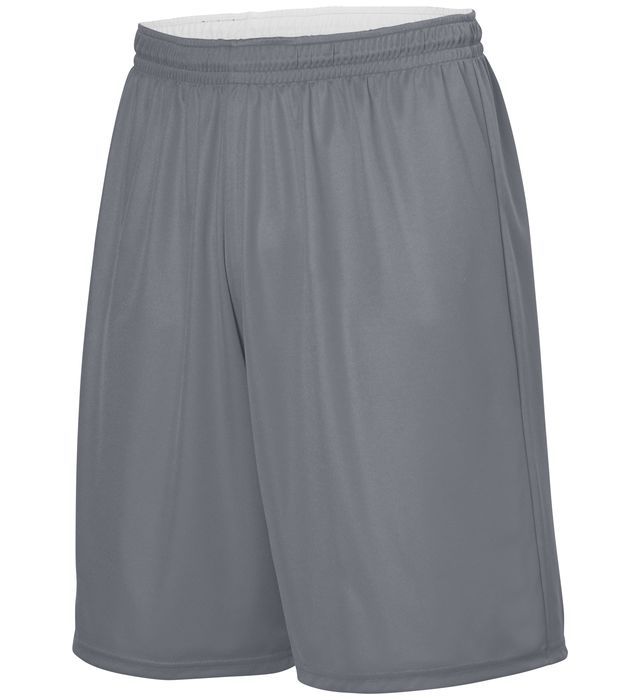 Gray athletic shorts with elastic waistband.