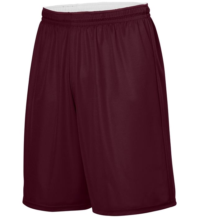 Maroon athletic shorts with white waistband lining.