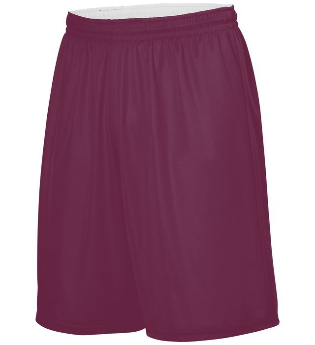 Burgundy athletic shorts with elastic waistband; likely for sports.