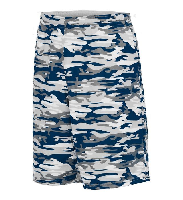 Camo-print athletic shorts in navy, gray, and white.