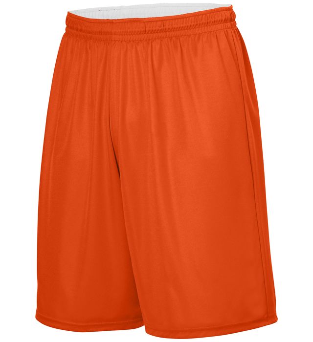 Orange athletic shorts with elastic waistband.