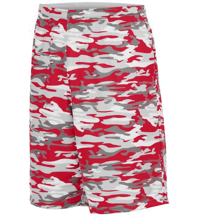 Red, white, and gray camouflage basketball shorts.