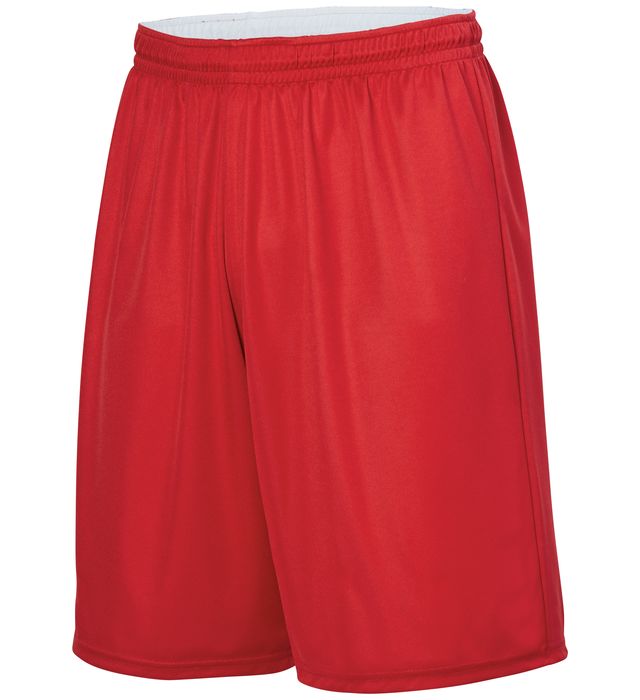 Red athletic shorts with elastic waistband.