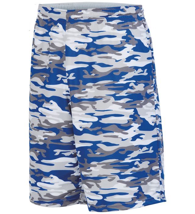 Blue, gray, and white camouflage basketball shorts.