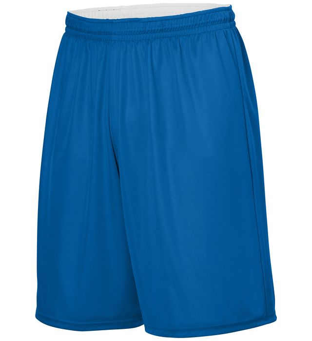 Blue athletic shorts with an elastic waistband.