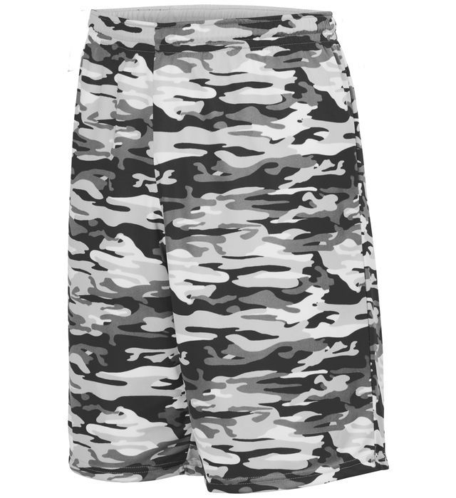 Gray, black, and white camouflage print athletic shorts.