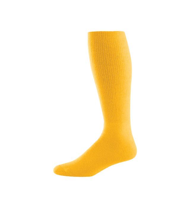 Yellow knee-high sock against a white background.