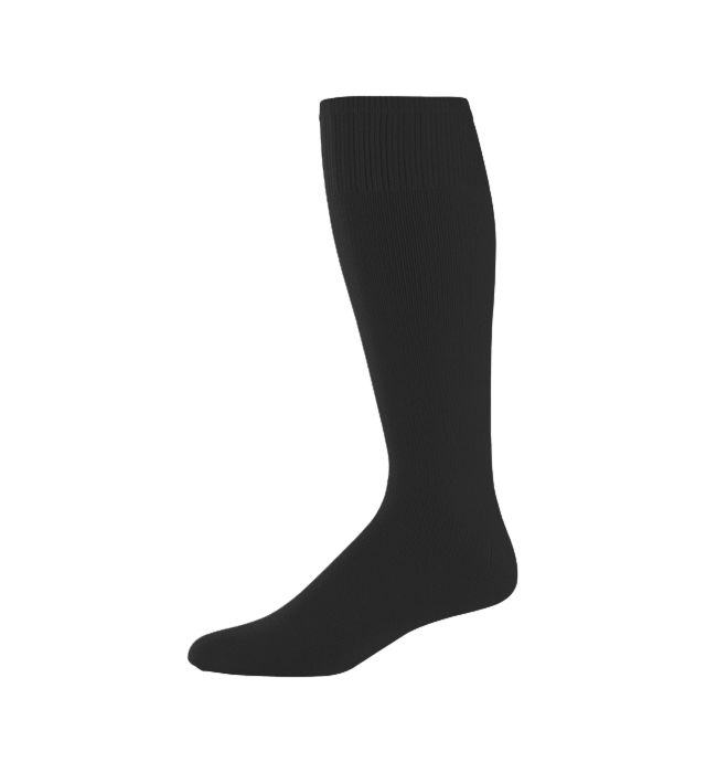 Black knee-high sock, ribbed at the top, on a white background.
