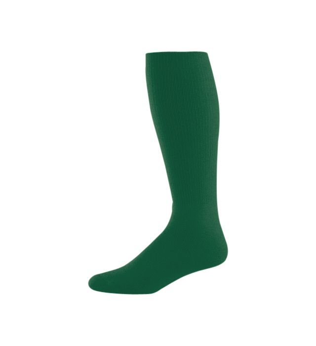 Green knee-high sock, ribbed texture, isolated on white background.
