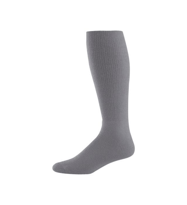 Gray knee-high sock, standing upright, with the foot and leg section visible.