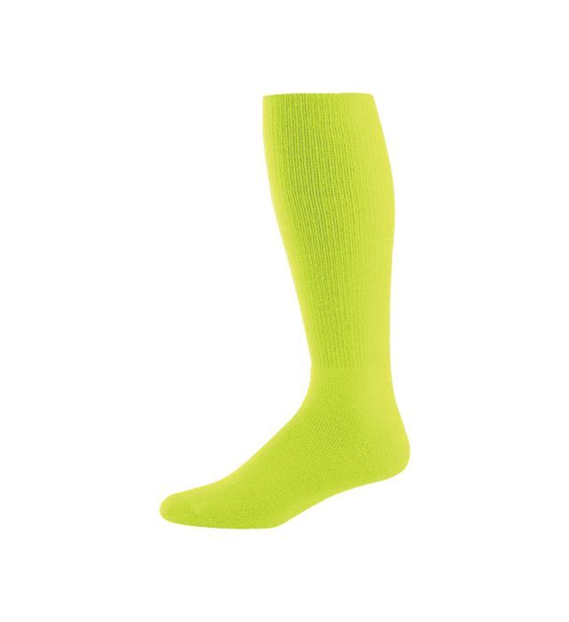Neon yellow knee-high sock, isolated on white background.