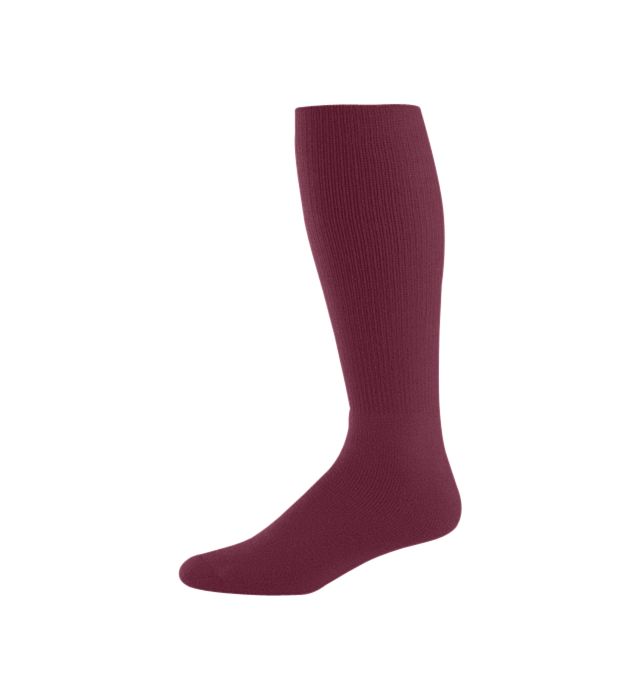 Maroon knee-high sock, ribbed texture, standing upright.