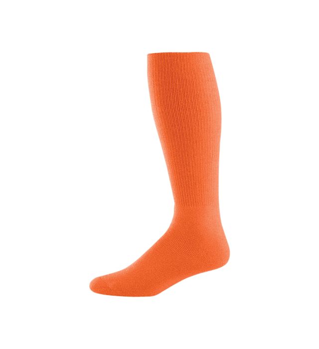 Orange knee-high sock on a white background.