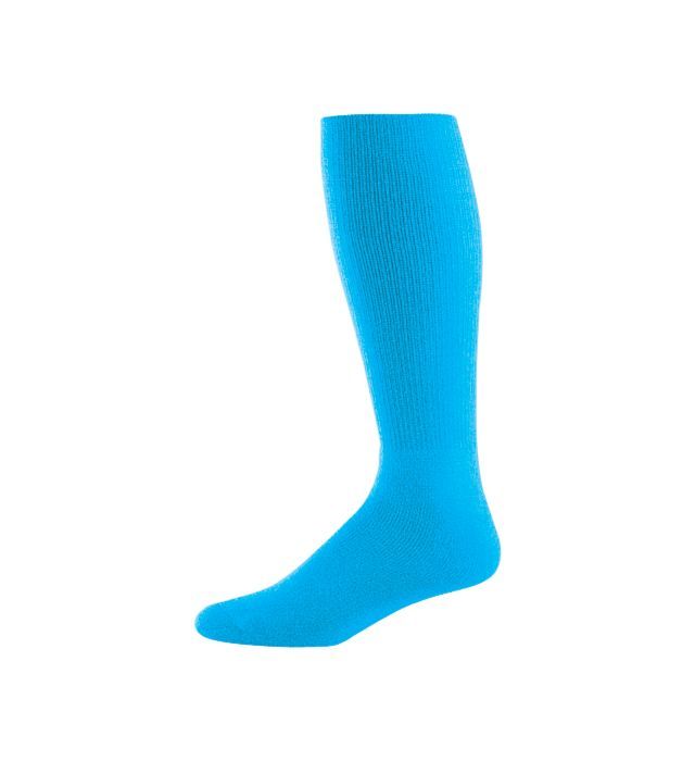 Blue knee-high sock on a white background, viewed from the side.