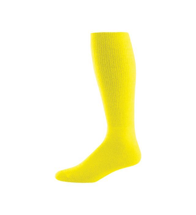 Yellow knee-high sock against a white background.