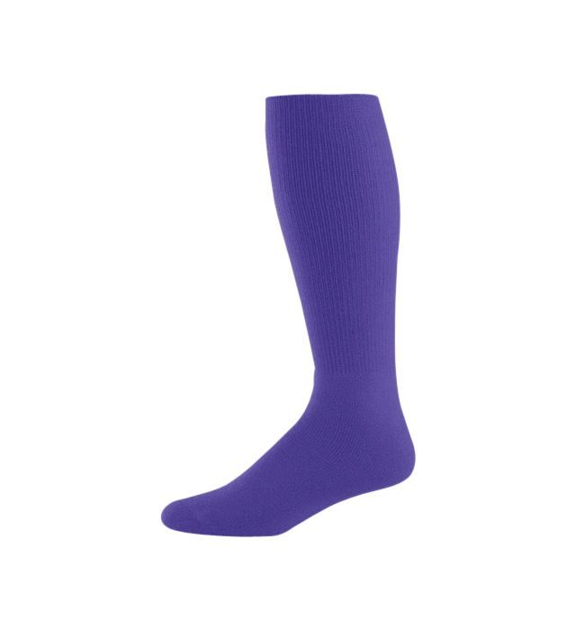 Purple knee-high athletic sock.