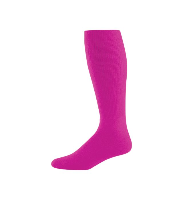 Hot pink athletic knee-high sock.