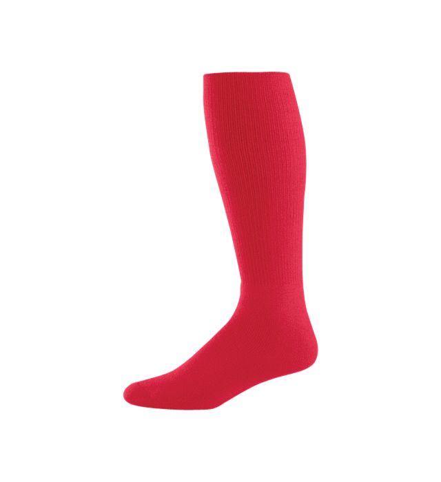 Red knee-high athletic sock.
