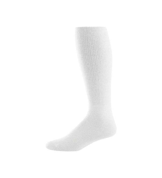 White knee-high sock, knitted texture, standing upright against a white background.